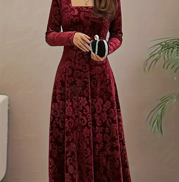 Luxury Velvet Long Dress with Elegant Floral Embroidery – Wine Red