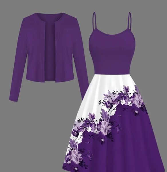 Elegant Two-Piece Floral Dress with Matching Bolero Jacket – Purple & White